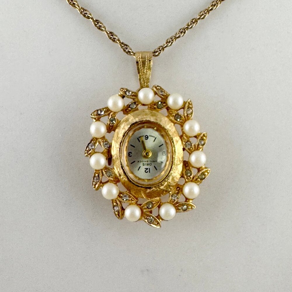 Vintage Oris Pendant Watch Gold with Cultured Pearls and Rhinestones